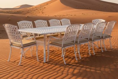 Aluminium Tuscan 10 Seater White Dining Set with beige cushions