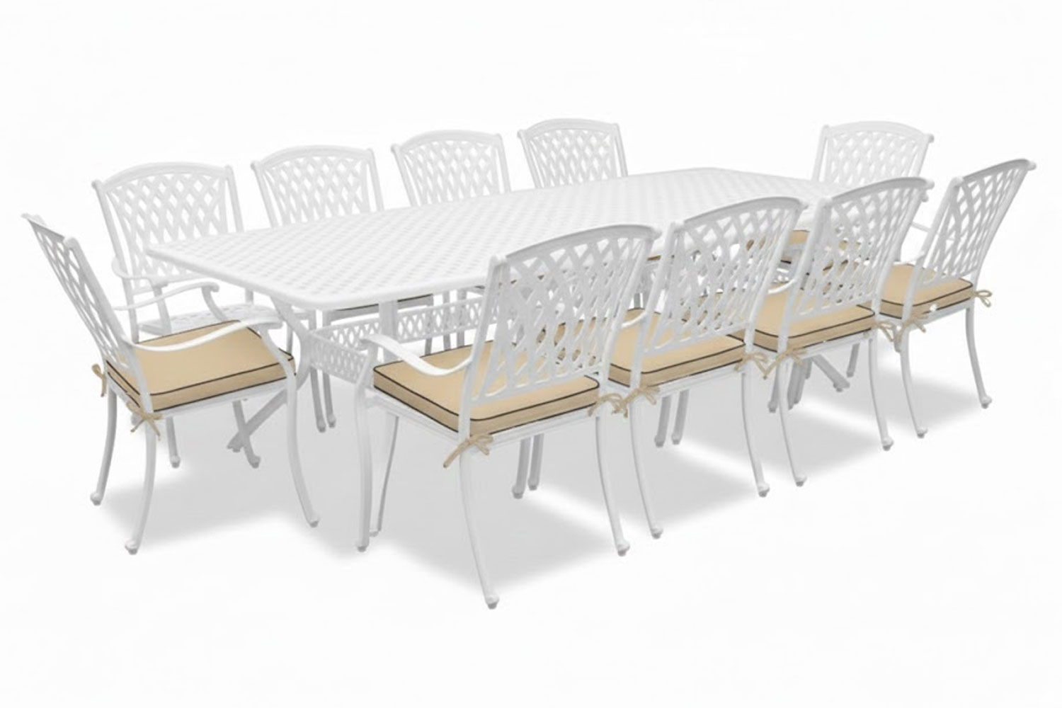 Aluminium Tuscan 10 Seater White Dining Set with beige cushions