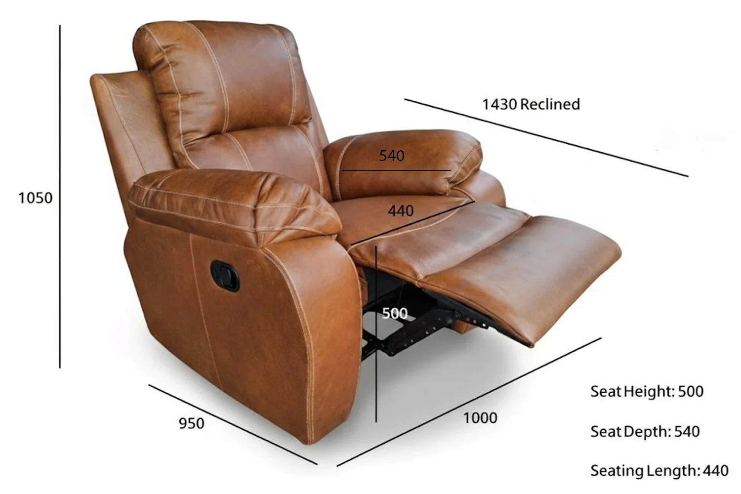 Premier Genuine Leather Single Recliner Chair (Vintage Tan) Dimesions