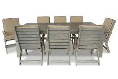 Aged Oak Patio Dining Set 8-Seater 2400mm | x1 Table + x8 Highback Chairs + Beige Seat & Back Cushions