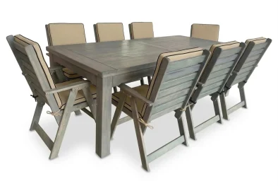 Aged Oak Patio Dining Set 8-Seater 2400mm | x1 Table + x8 Highback Chairs + Beige Seat & Back Cushions