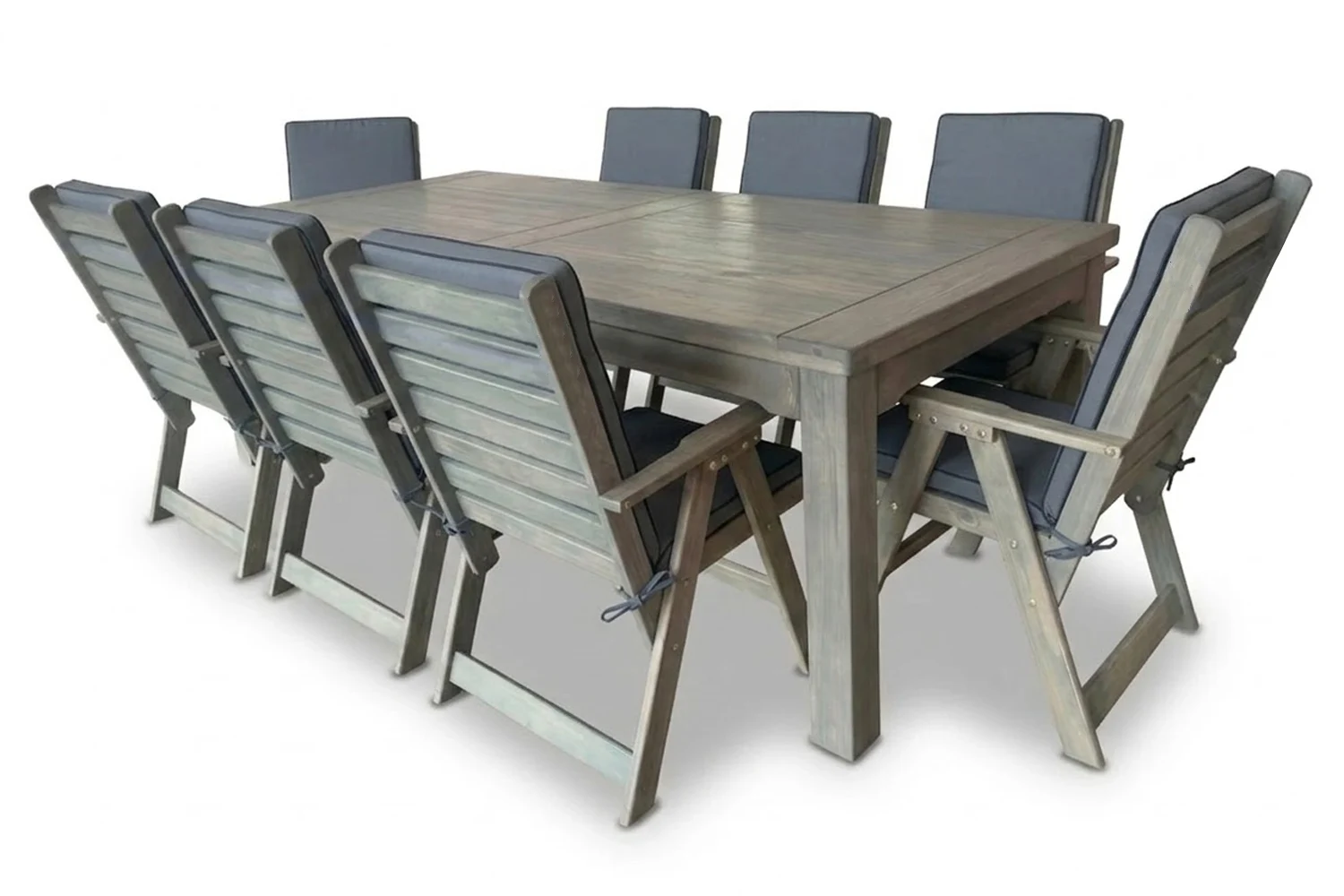 Aged Oak Patio Dining Set 8-Seater 2400mm | x1 Table + x8 Highback Chairs + Charcoal Seat & Back Cushions (Undercover only)