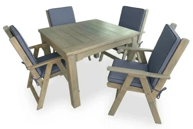 Aged Pine Patio Dining Set 4-Seater 1100mm | x1 Table + x4 Highback Chairs + Charcoal Seat & Back Cushions