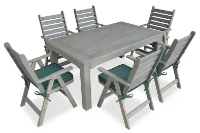 Aged Pine Patio Dining Set 6-Seater 1100mm | x1 Table + x6 Highback Chairs + Green Seat Cushions (Undercover only)