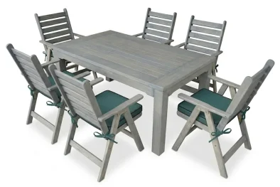 Aged Pine Patio Dining Set 6-Seater 1100mm | x1 Table + x6 Highback Chairs + Green Seat Cushions