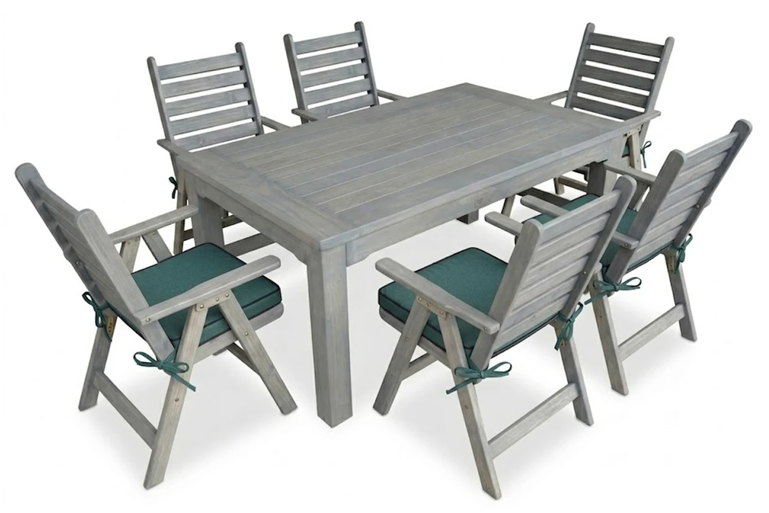 Aged Pine Patio Dining Set 6-Seater 1100mm | x1 Table + x6 Highback Chairs + Green Seat Cushions (Undercover only)