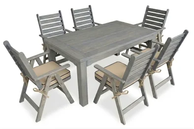 Aged Pine Patio Dining Set 6-Seater 1600mm | x1 Table + x6 Highback Chairs + Beige Seat Cushions