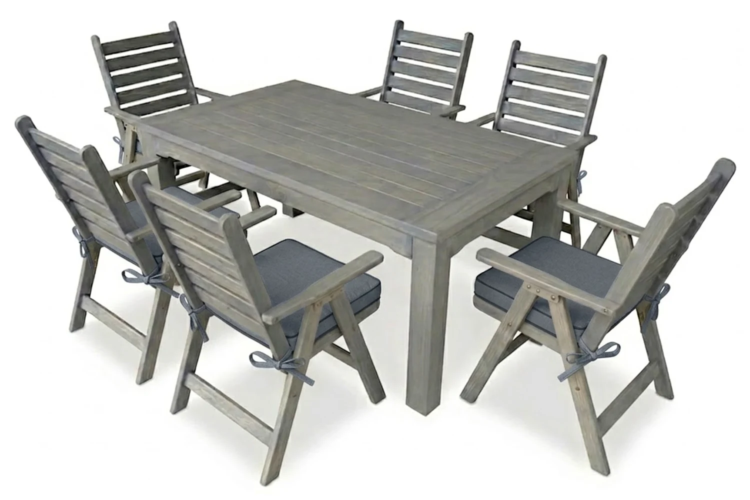 Aged Pine Patio Dining Set 6-Seater 1600mm | x1 Table + x6 Highback Chairs + Charcoal Seat Cushions