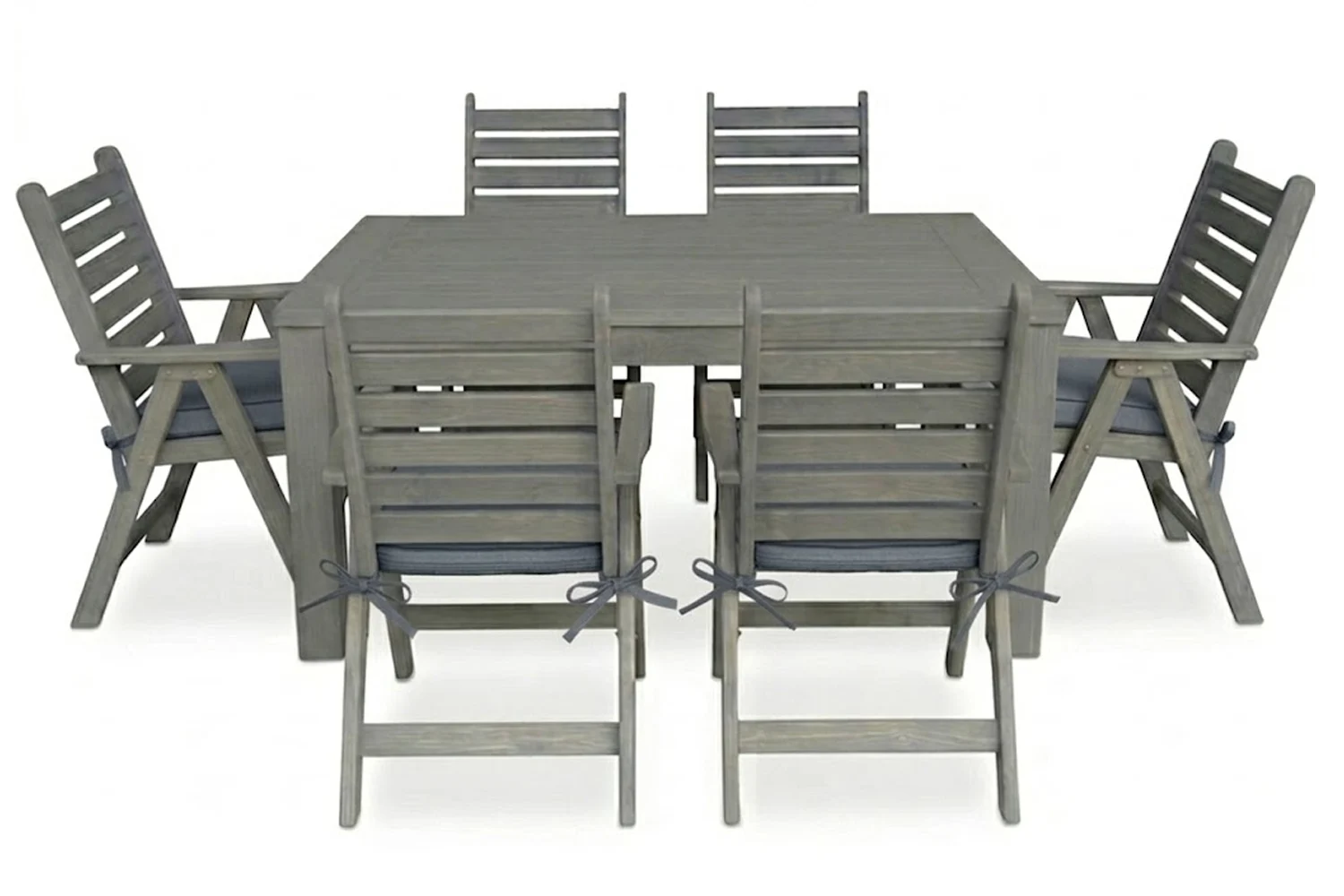 Aged Pine Patio Dining Set 6-Seater 1600mm | x1 Table + x6 Highback Chairs + Charcoal Seat Cushions