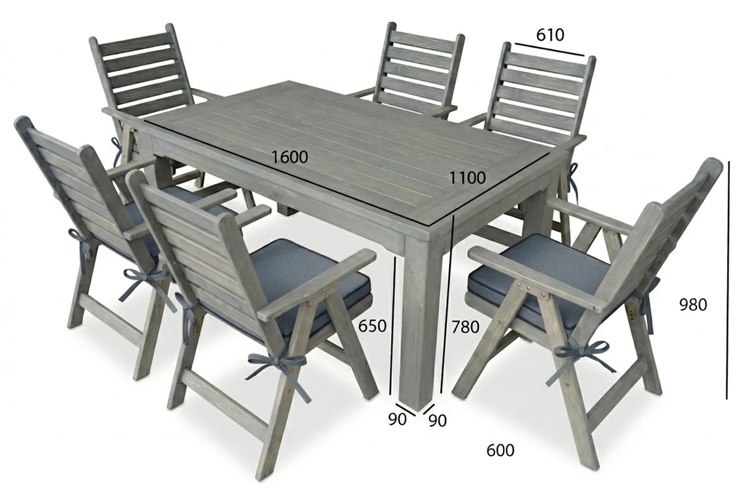 Aged Pine Patio Dining Set 6-Seater 1600mm | x1 Table + x6 Highback Chairs + Charcoal Seat Cushions dimensions
