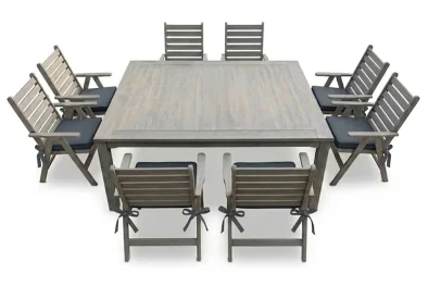 Aged Pine Patio Dining Set 8-Seater 1600mm Square | x1 Table + x8 Highback Chairs + Charcoal Seat Cushions