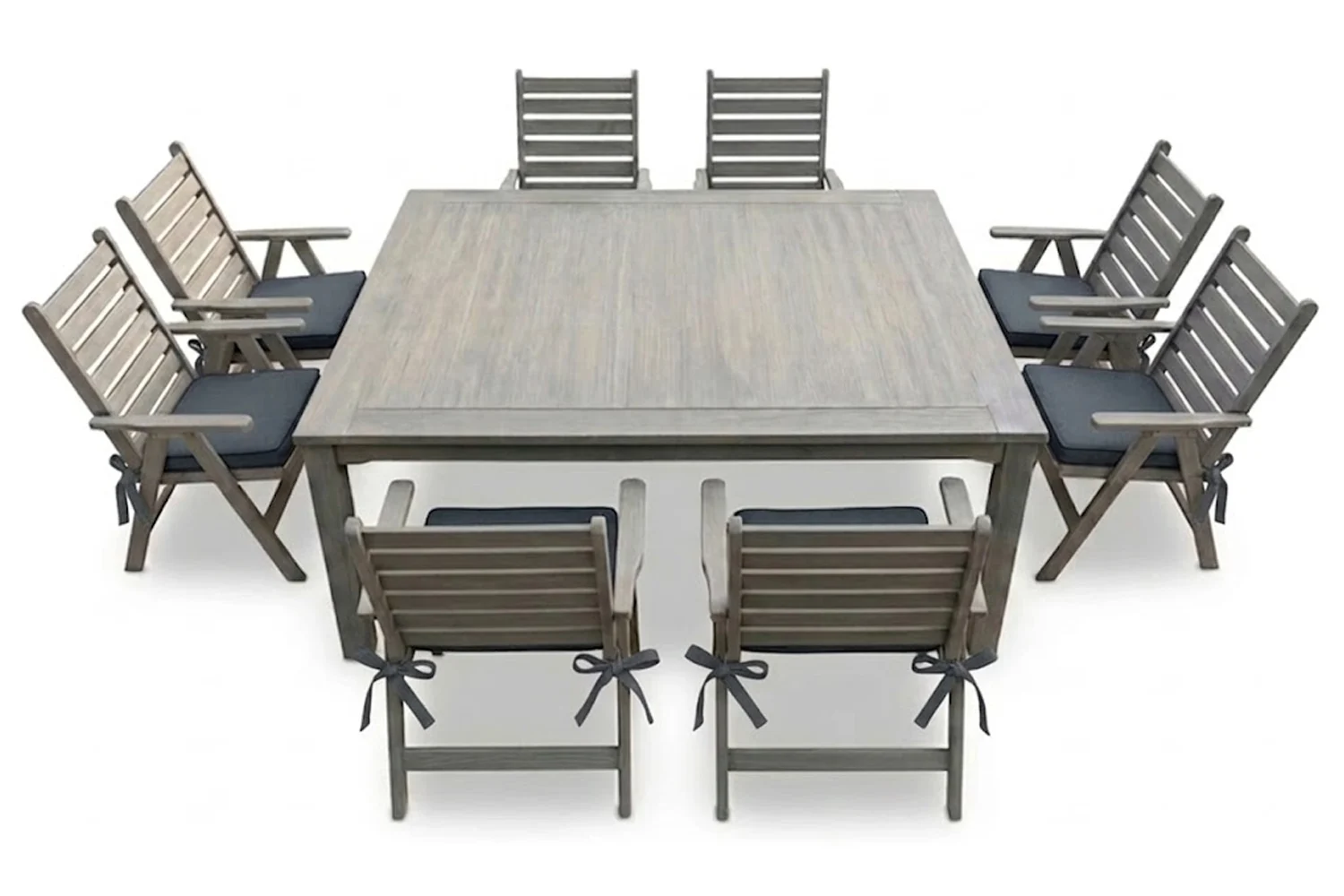 Aged Pine Patio Dining Set 8-Seater 1600mm Square | x1 Table + x8 Highback Chairs + Charcoal Seat Cushions