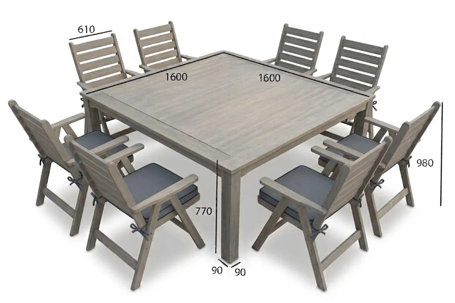 Aged Pine Patio Dining Set 8-Seater 1600mm Square | x1 Table + x8 Highback Chairs + Charcoal Seat Cushions dimensions