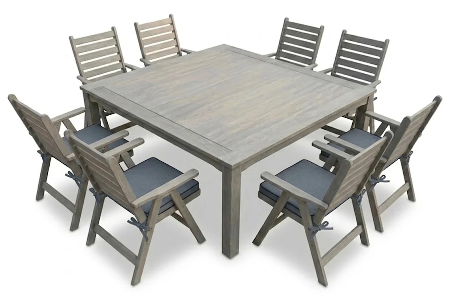 Aged Pine Patio Dining Set 8-Seater 1600mm Square | x1 Table + x8 Highback Chairs + Charcoal Seat Cushions
