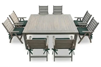 Aged Pine Patio Dining Set 8-Seater 1600mm Square | x1 Table + x8 Highback Chairs + Green Seat Cushions