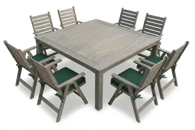 Aged Pine Patio Dining Set 8-Seater 1600mm Square | x1 Table + x8 Highback Chairs + Green Seat Cushions