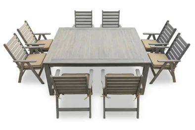 Aged Pine Patio Dining Set 8-Seater 1600mm | x1 Table + x8 Highback Chairs + Beige Seat Cushions