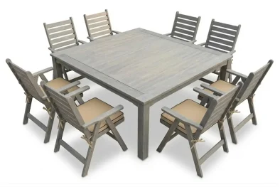 Aged Pine Patio Dining Set 8-Seater 1600mm | x1 Table + x8 Highback Chairs + Beige Seat Cushions
