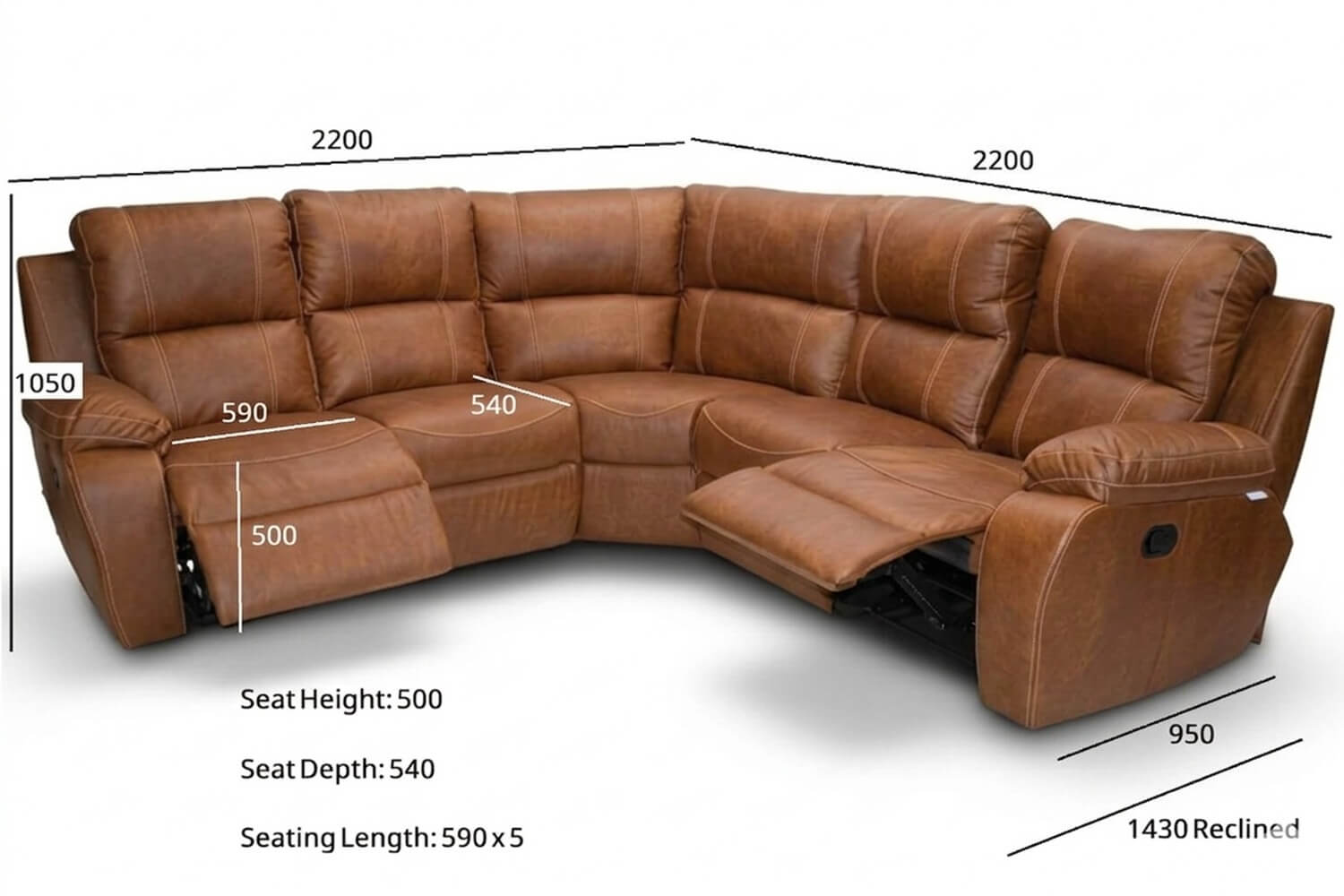 Premier Genuine Leather Recliner Corner Lounge 5-Seater (2-Action, Vintage Brandy) - Image 3