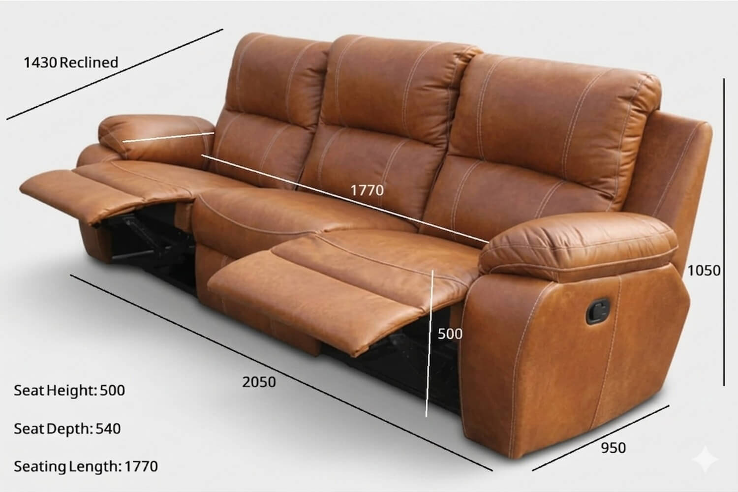 Premier Genuine Full Leather Recliner Sofa 3-Seater (2-Action, Vintage Brandy) - Image 4