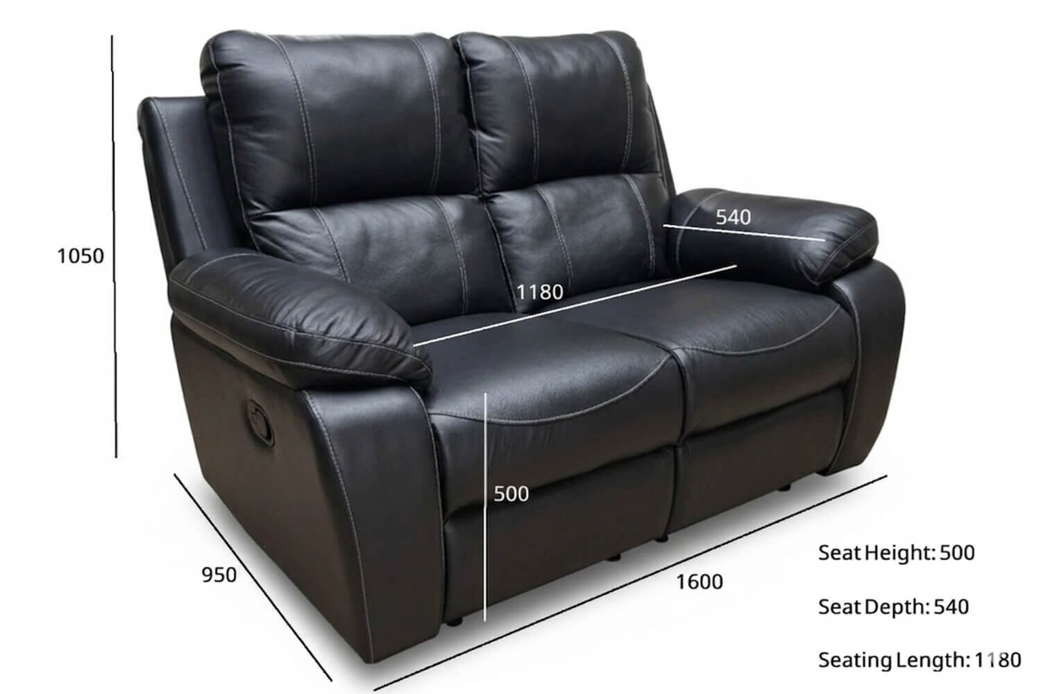 Premo Genuine Full Leather Sofa 2-Seater, fixed 1 part seat (Black, Static) - Image 3