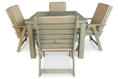 Solid Aged Pine Patio Dining Set 4-Seater 1100mm | x1 Table + x4 Highback Chairs + Beige Seat & Back Cushions