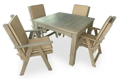 Solid Aged Pine Patio Dining Set 4-Seater 1100mm | x1 Table + x4 Highback Chairs + Beige Seat & Back Cushions