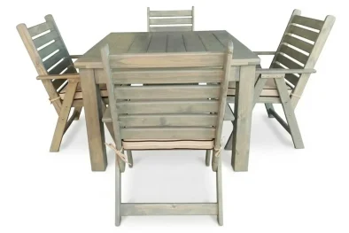 Solid Aged Pine Patio Dining Set 4-Seater 1100mm x1 Table + x4 Highback Chairs + Beige Seat Cushions (Undercover Only)