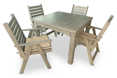 Solid Aged Pine Patio Dining Set 4-Seater 1100mm x1 Table + x4 Highback Chairs + Beige Seat Cushions (Undercover Only)