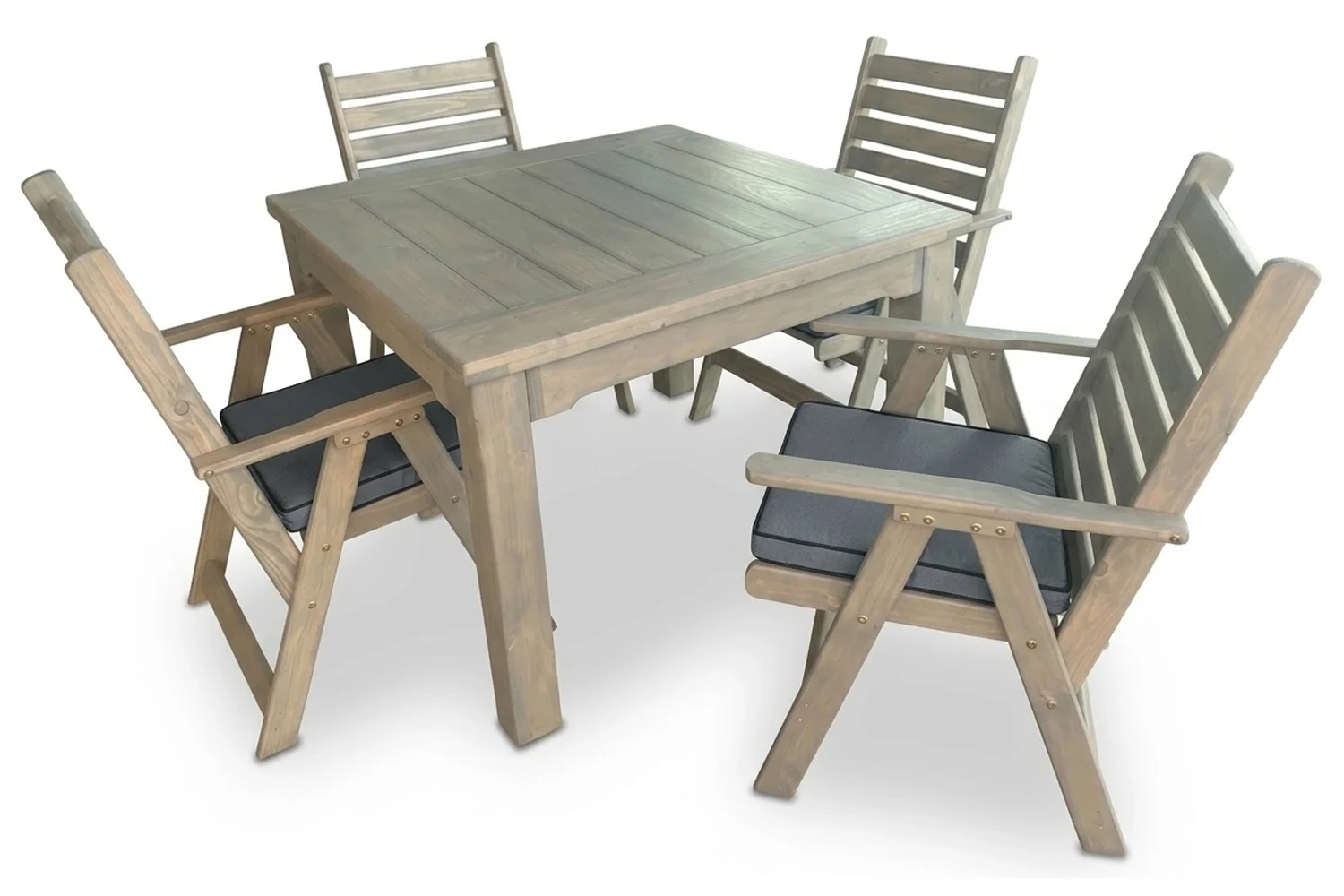Solid Aged Pine Patio Dining Set 4-Seater 1100mm | x1 Table + x4 Highback Chairs + Charcoal Seat Cushions