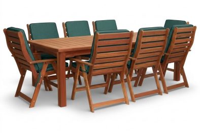 Zambezi Teak Patio Dining Set 8-Seater 2400mm | x1 Table + x8 Highback Chairs (Green Cushions)