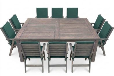 Aged Pine Patio Dining Set 10-Seater 2400 x 1600 mm | x1 Table + x10 Highback Chairs - x10 Green seat & back cushions included (Undercover Only) Copy
