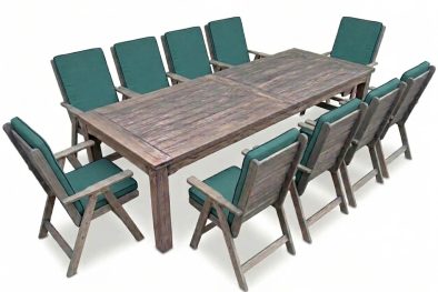 Aged Pine Patio Dining Set 10-Seater 3000mm | x1 Table + x10 Highback Chairs - x10 green seat & back cushions included (Undercover Only)
