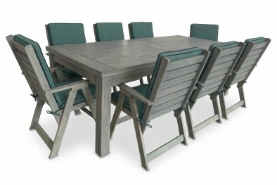 Aged Pine Patio Dining Set 8-Seater 2400mm | x1 Table + x8 Highback Chairs + Green Seat & Back Cushions (Undercover only)