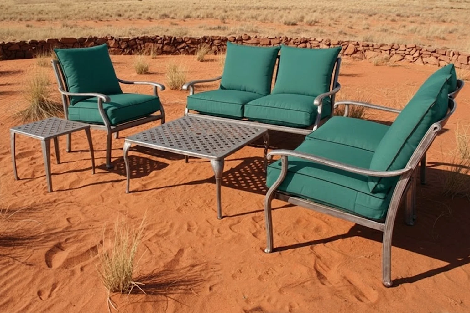 Aluminium Lounge Set 5-Piece 5-Seater (Silver, Including Green Cushions)