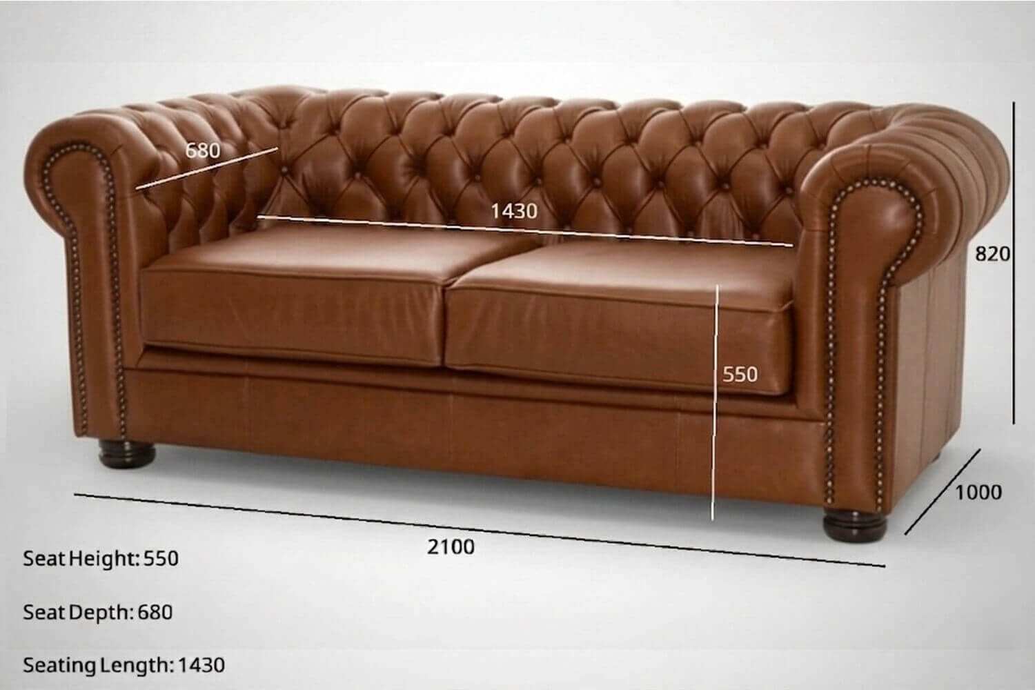 Chesterfield Genuine Leather Sofa 2-Seater 2100mm (Vintage Cigar, XL Deep Seat) - Image 2