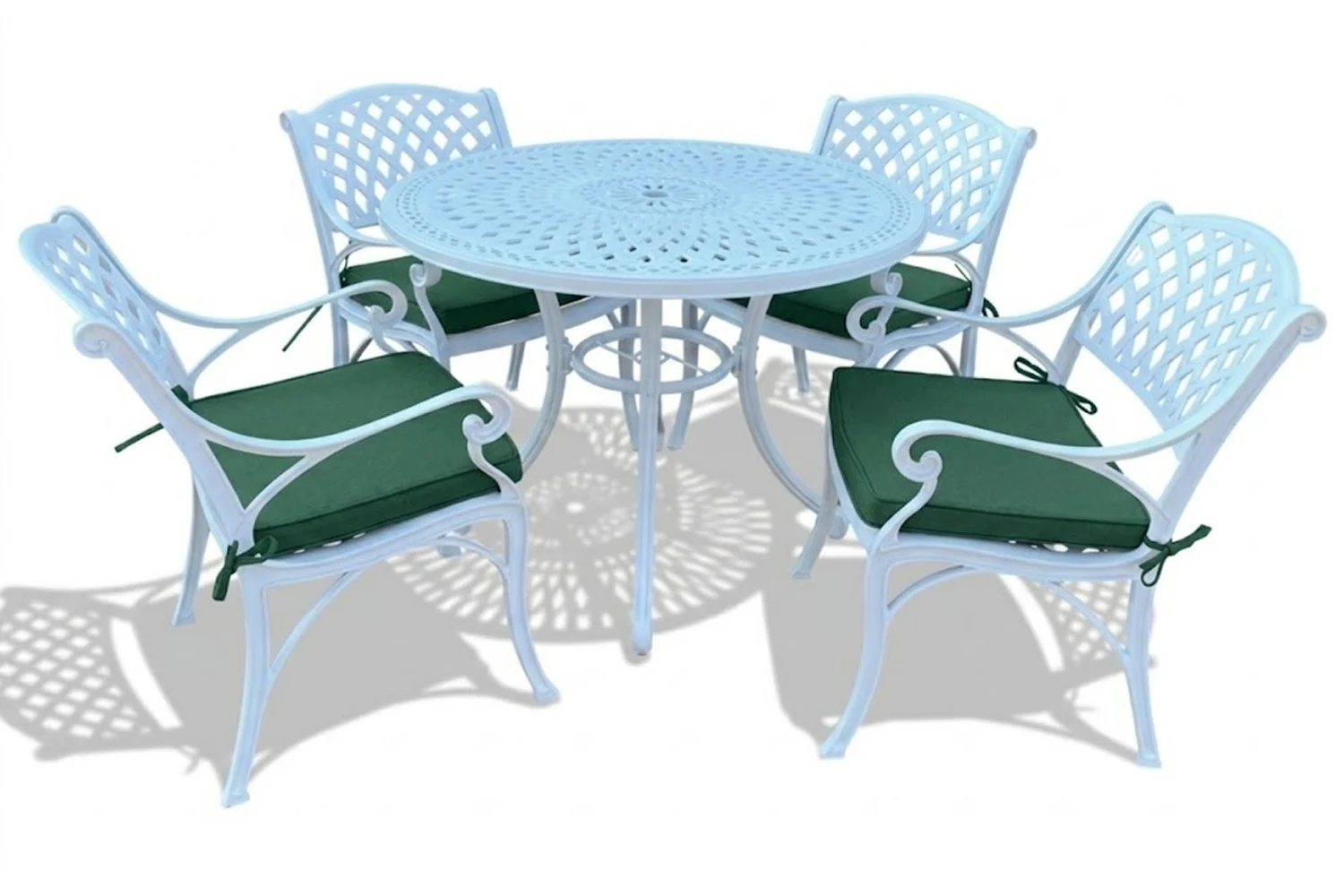 Cottage Aluminium Dining Set 4-Seater 1000mm Round (White, Green Cushions)