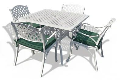 Cottage Aluminium Dining Set 4-Seater 1000mm Square (White, Green Cushions)