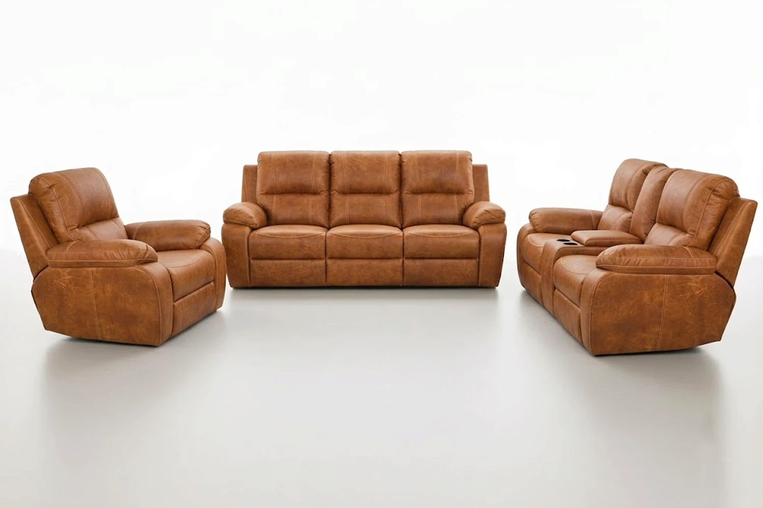 Premier Genuine Leather Lounge Set 3-Piece | x1 1-Seater + x1 2-Seater Sofa with Console + x1 3-Seater Sofa (Vintage Brandy, Static)
