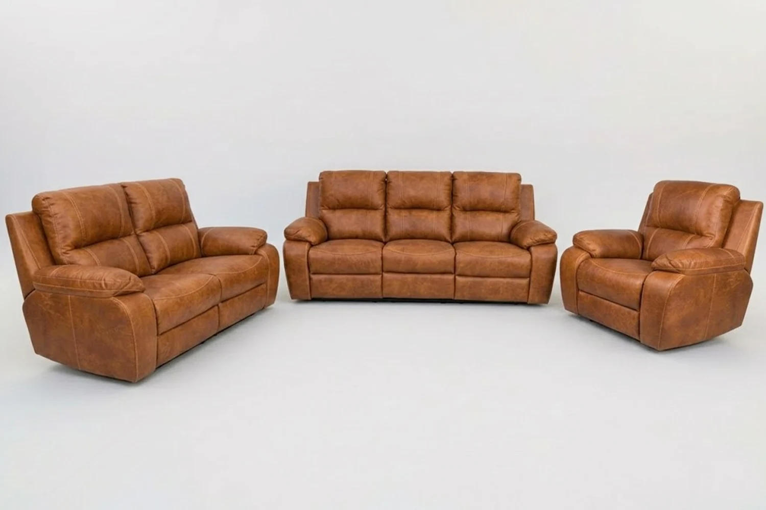 Premier Genuine Leather Lounge Set 3-Piece | x1 1-Seater + x1 2-Seater with 2 part seat – console ready + x1 3-Seater Sofa (Vintage Brandy, Static)