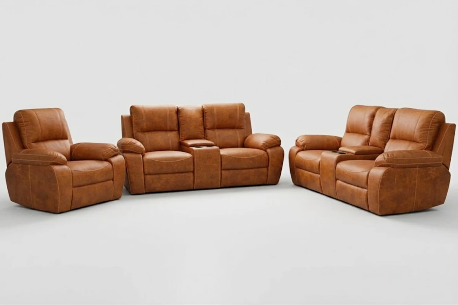 Premier Genuine Leather Lounge Set 3-Piece | x1 1-Seater + x2 2-Seater Sofas with Consoles (Brown, Static)