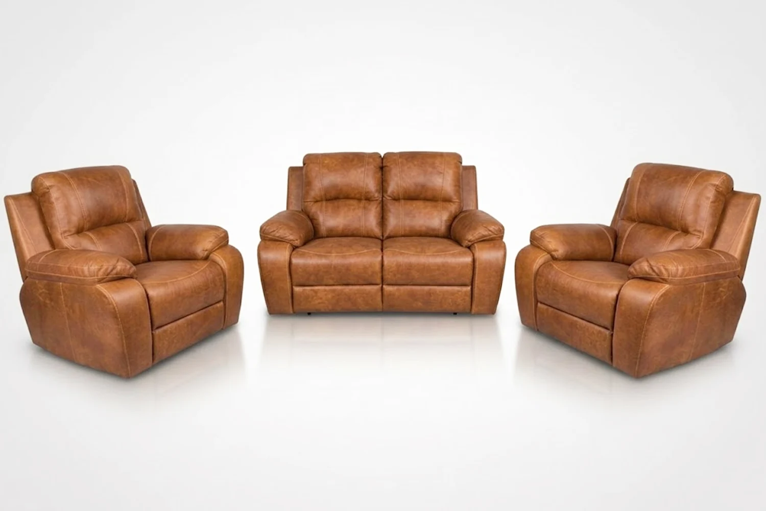 Premier Genuine Leather Lounge Set 3-Piece | x2 1-Seater Chairs + x1 2-Seater Sofa (Vintage Brandy, Static)