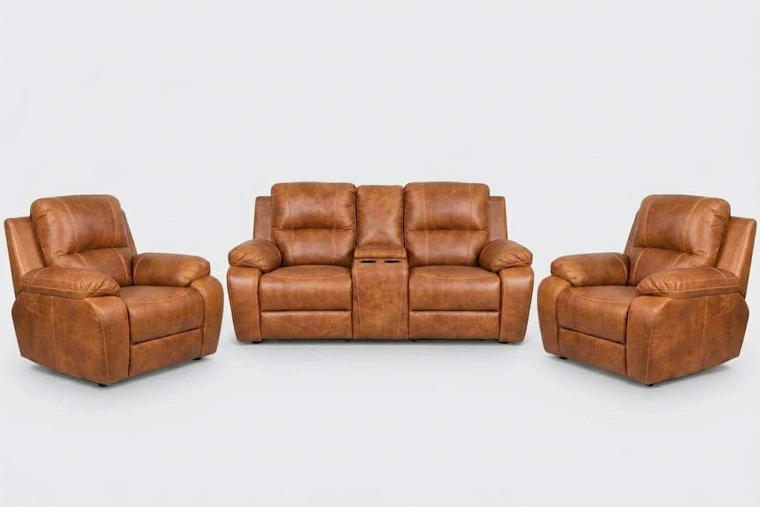 Premier Genuine Leather Lounge Set 3-Piece | x2 1-Seater Chairs + x1 2-Seater Sofa with Console (Vintage Brandy, Static)