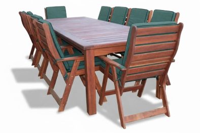Zambezi Teak Patio Dining Set 10-Seater 3200mm | x1 Table + x10 Highback Chairs (Green Cushions)
