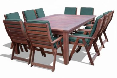 Zambezi Teak Patio Dining Set 10-Seater 2400mm x 1600mm | x1 Table + x10 Highback Chairs (Green Cushions)
