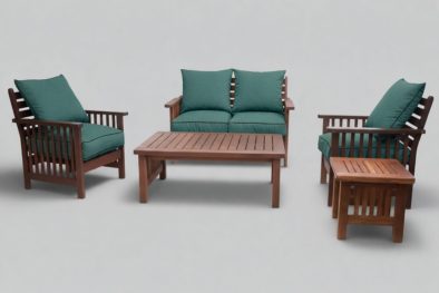 Zambezi Teak Lounge Set 5-Piece 4-Seater | x2 1-Seater Chairs + 1 Two-Seater Sofa + Coffee Table + Side Table (Green Cushions)