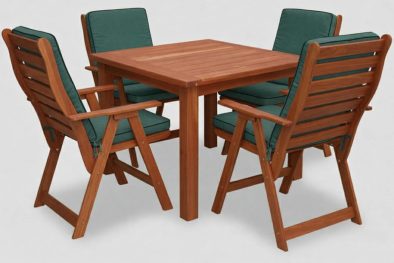 Zambezi Teak Patio Dining Set 4-Seater 1100mm | x1 Table + x4 Highback Chairs (Green Cushions)