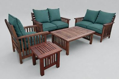 Zambezi Teak Lounge Set 5-Piece 5-Seater | x1 1-Seater + 2 Two-Seater Sofas + Coffee Table + Side Table (Green Cushions)