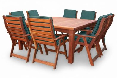 Zambezi Teak Patio Dining Set 8-Seater 1700mm Square | x1 Table + x8 Highback Chairs (Green Cushions)