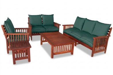Zambezi Teak Lounge Set 5-Piece 6-Seater | x1 1-Seater + x1 2-Seater + x1 3-Seater Sofa + Coffee Table + Side Table (Green Cushions)